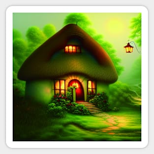 Fantasy House In a Greenery Scene, Fantasy Cottagecore artwork Sticker
